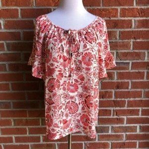 W5 Floral Flutter Sleeve Keyhole Tie Boho Top -‎ Size L
